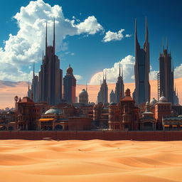 A futuristic city featuring a harmonious blend of Victorian-style houses and sleek modern skyscrapers