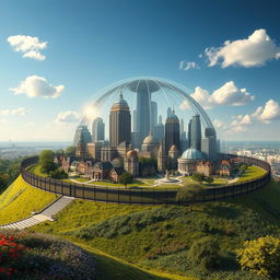 A futuristic city that showcases an exquisite blend of Victorian-style houses and contemporary skyscrapers