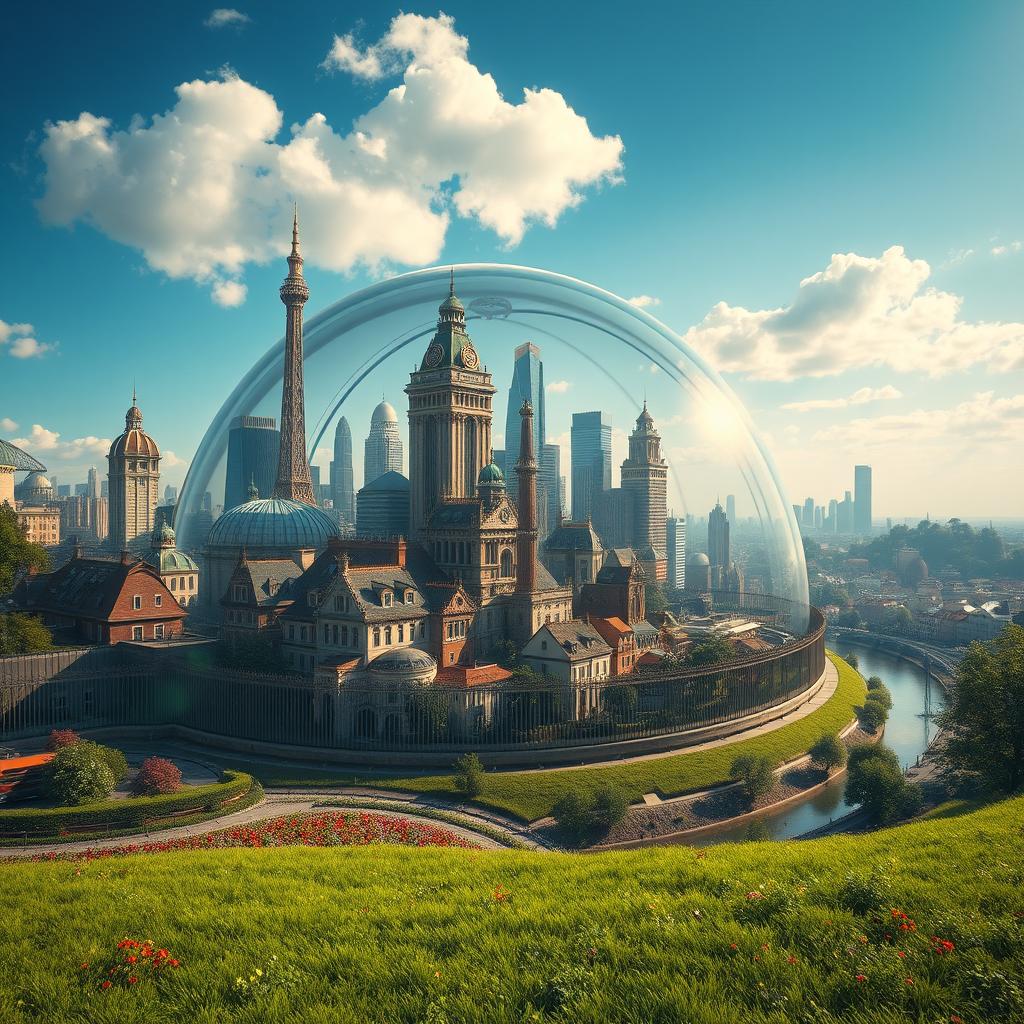 A futuristic city that showcases an exquisite blend of Victorian-style houses and contemporary skyscrapers