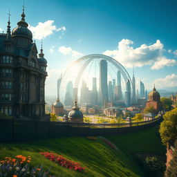 A futuristic city that showcases an exquisite blend of Victorian-style houses and contemporary skyscrapers