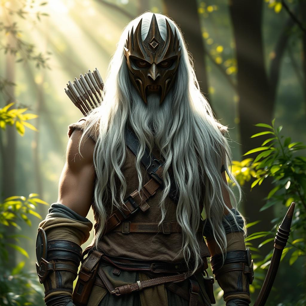 A male aasimar ranger standing confidently in a lush forest environment