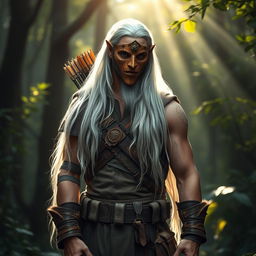 A male aasimar ranger standing confidently in a lush forest environment