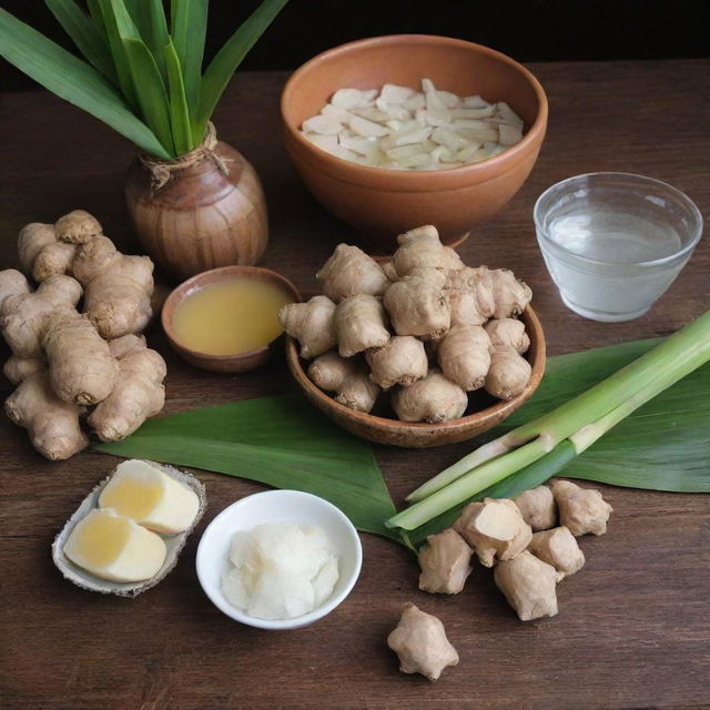 An array of ingredients for a traditional ginger drink. This includes fresh ginger roots, lemongrass stalks, a bowl of water, blocks of palm sugar, and a pot of honey. These items are placed on a rustic table with traditional details.