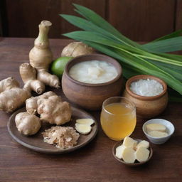 An array of ingredients for a traditional ginger drink. This includes fresh ginger roots, lemongrass stalks, a bowl of water, blocks of palm sugar, and a pot of honey. These items are placed on a rustic table with traditional details.