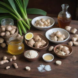 An array of ingredients for a traditional ginger drink. This includes fresh ginger roots, lemongrass stalks, a bowl of water, blocks of palm sugar, and a pot of honey. These items are placed on a rustic table with traditional details.