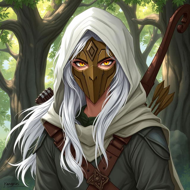 An illustration in the style of Dungeons and Dragons featuring a young male aasimar ranger