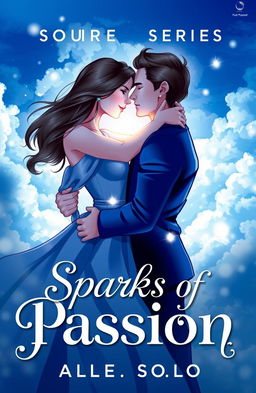 A captivating book cover for a romance series titled 'Sparks of Passion', illustrated in an enchanting blue and white color palette