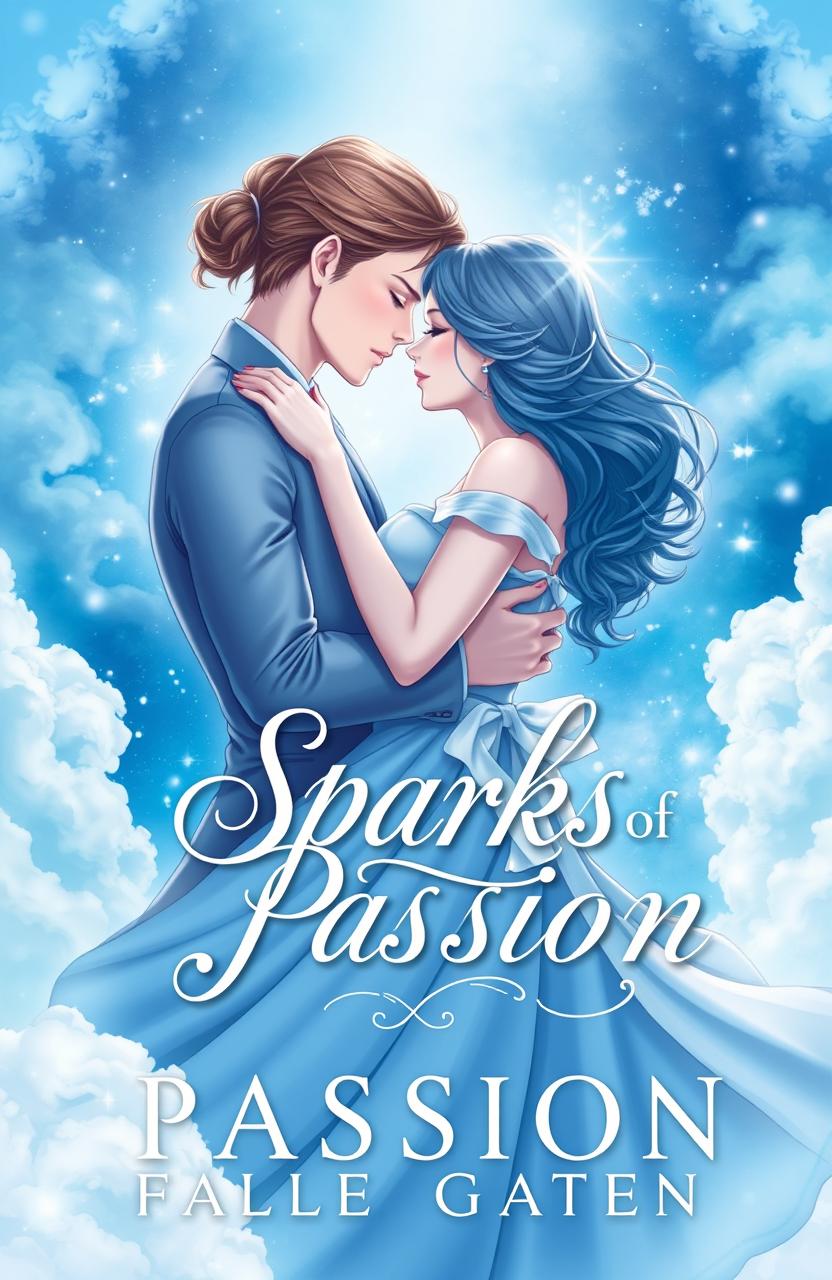 A captivating book cover for a romance series titled 'Sparks of Passion', illustrated in an enchanting blue and white color palette