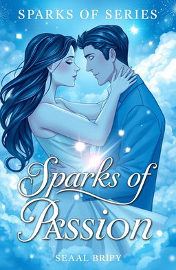 A captivating book cover for a romance series titled 'Sparks of Passion', illustrated in an enchanting blue and white color palette