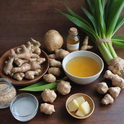 An array of ingredients for a traditional ginger drink. This includes fresh ginger roots, lemongrass stalks, a bowl of water, blocks of palm sugar, and a pot of honey. These items are placed on a rustic table with traditional details.