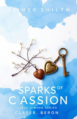 A captivating romance book cover titled "Sparks of Passion," blending shades of blue and white in a dreamy and enchanting design