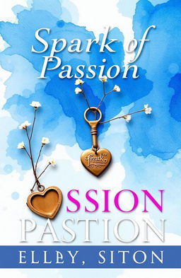 A captivating romance book cover titled "Sparks of Passion," blending shades of blue and white in a dreamy and enchanting design