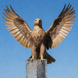 A majestic two-headed eagle with golden feathers, standing imposingly against a crystal clear sky.