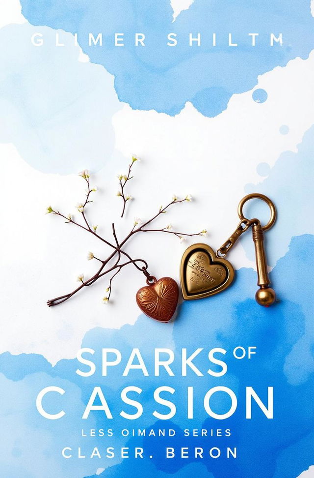 A romance book cover titled "Sparks of Passion" designed for a series, utilizing a soothing blue and white color palette