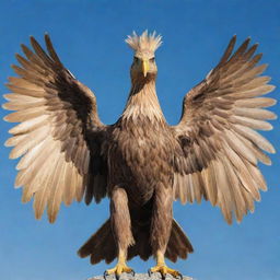 A majestic two-headed eagle with golden feathers, standing imposingly against a crystal clear sky.