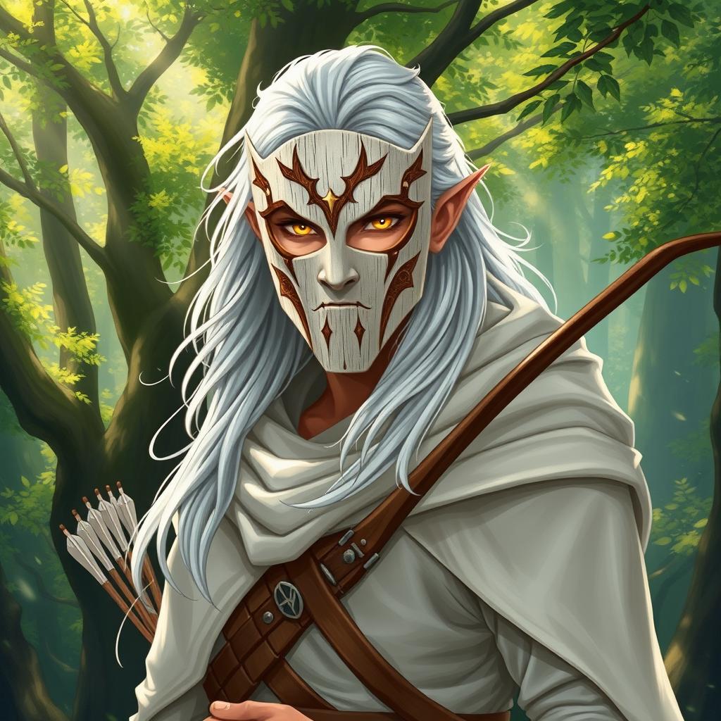 An enchanting illustration of an Aasimar man depicted as a ranger