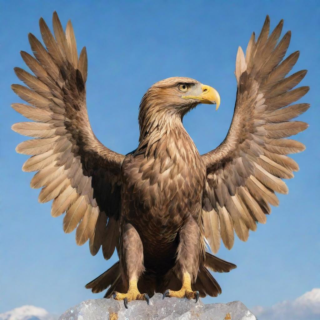 A majestic two-headed eagle with golden feathers, standing imposingly against a crystal clear sky.