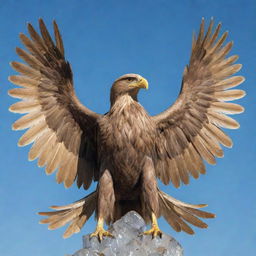 A majestic two-headed eagle with golden feathers, standing imposingly against a crystal clear sky.