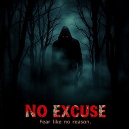 A chilling movie poster titled 'No Excuse', featuring a dark and eerie forest as the background, with gnarled trees and ominous shadows