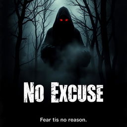 A chilling movie poster titled 'No Excuse', featuring a dark and eerie forest as the background, with gnarled trees and ominous shadows