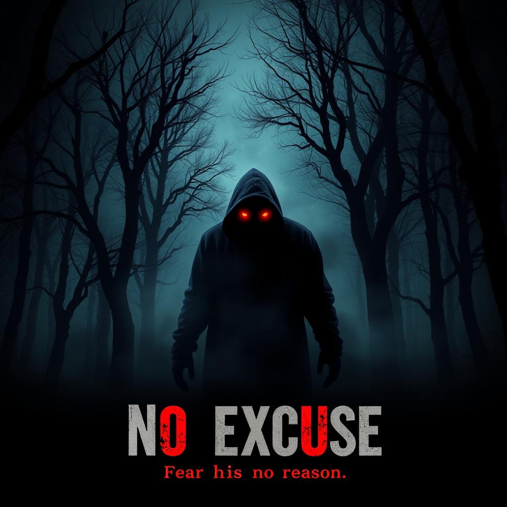 A chilling movie poster titled 'No Excuse', featuring a dark and eerie forest as the background, with gnarled trees and ominous shadows