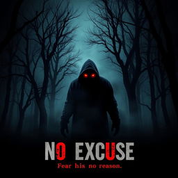 A chilling movie poster titled 'No Excuse', featuring a dark and eerie forest as the background, with gnarled trees and ominous shadows