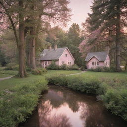 A serene landscape featuring a dense forest with towering trees, a gently flowing river under a soft pink sunset, and a path leading to a charming, tiny cottage nestled in the woods.