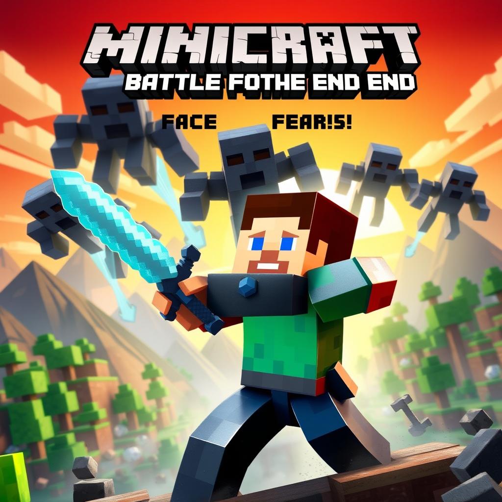 An action-packed movie poster for a fictional 'Minicraft' film featuring Steve, the iconic pixelated character, engaged in an epic battle against several Endermen in a blocky, Minecraft-inspired world