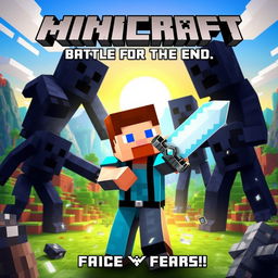 An action-packed movie poster for a fictional 'Minicraft' film featuring Steve, the iconic pixelated character, engaged in an epic battle against several Endermen in a blocky, Minecraft-inspired world