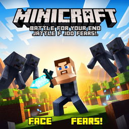 An action-packed movie poster for a fictional 'Minicraft' film featuring Steve, the iconic pixelated character, engaged in an epic battle against several Endermen in a blocky, Minecraft-inspired world