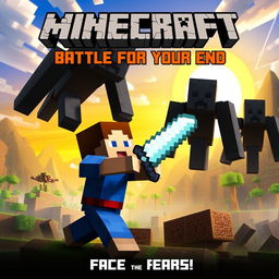 An action-packed movie poster for a fictional 'Minicraft' film featuring Steve, the iconic pixelated character, engaged in an epic battle against several Endermen in a blocky, Minecraft-inspired world