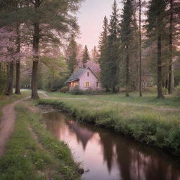 A serene landscape featuring a dense forest with towering trees, a gently flowing river under a soft pink sunset, and a path leading to a charming, tiny cottage nestled in the woods.