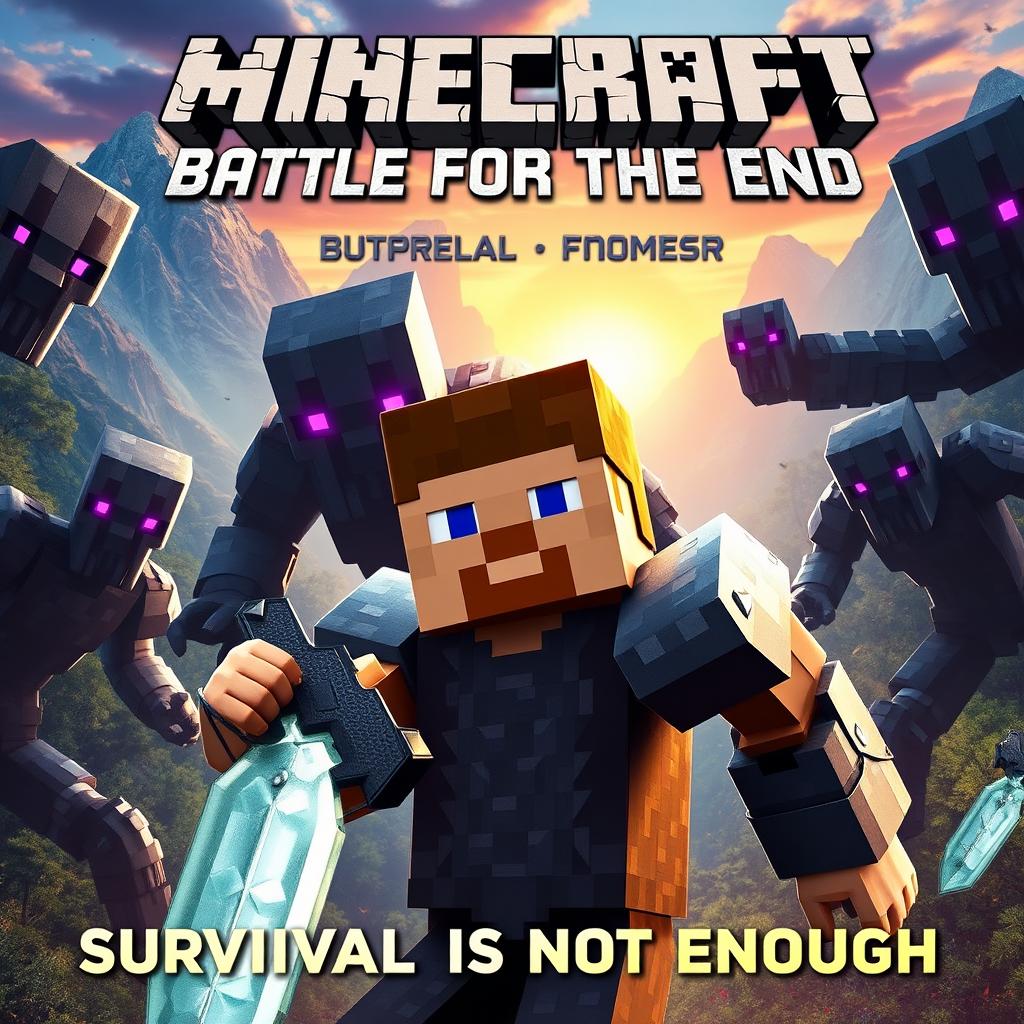 A super realistic movie poster for a fictional 'Minicraft' film featuring Steve, the iconic character, engaged in an intense battle against realistic, high-detail Endermen