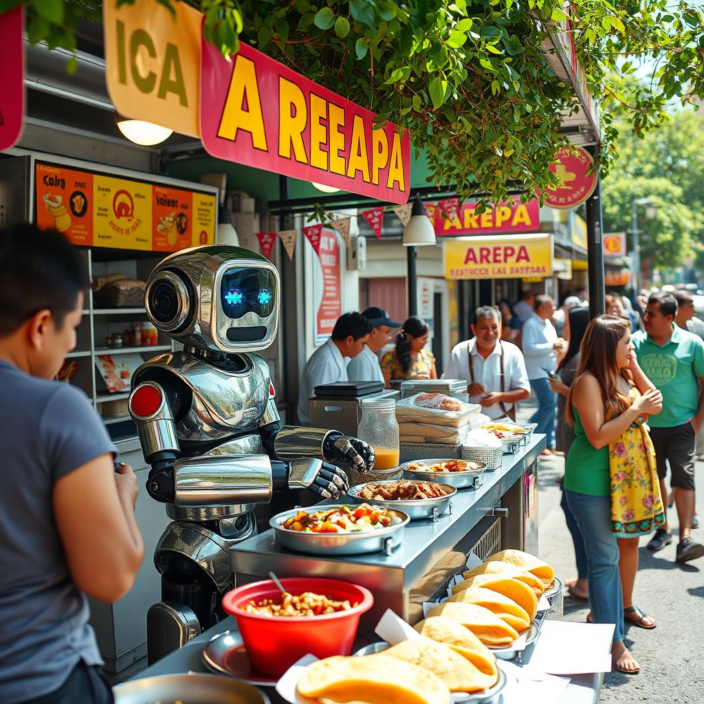 A whimsical scene featuring a cheerful robot working at an arepas food stall