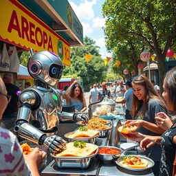 A whimsical scene featuring a cheerful robot working at an arepas food stall