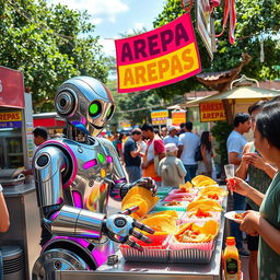 A whimsical scene featuring a cheerful robot working at an arepas food stall