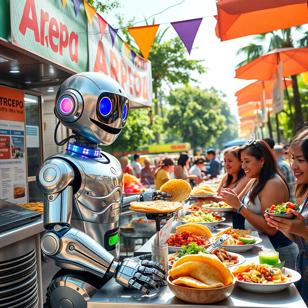 A whimsical scene featuring a cheerful robot working at an arepas food stall