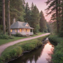 A serene landscape featuring a dense forest with towering trees, a gently flowing river under a soft pink sunset, and a path leading to a charming, tiny cottage nestled in the woods.