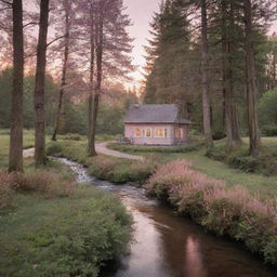 A serene landscape featuring a dense forest with towering trees, a gently flowing river under a soft pink sunset, and a path leading to a charming, tiny cottage nestled in the woods.