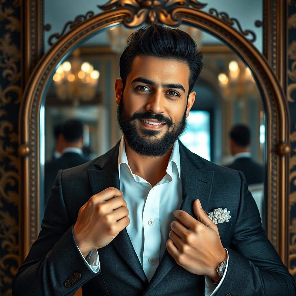 A portrait of an Arab man exuding narcissism, standing confidently in front of a large mirror, adjusting his stylish outfit