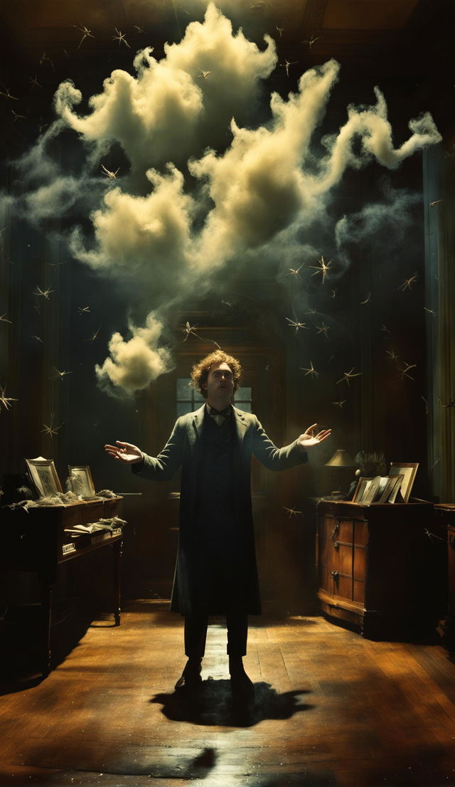 A 'Fantastic Beasts and Where to Find Them' style image showing the effects of invisible Wrackspurts causing confusion in a person within an antique-filled room.