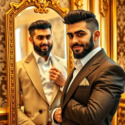 A portrait of an Arab man exuding narcissism, standing confidently in front of a large mirror, adjusting his stylish outfit