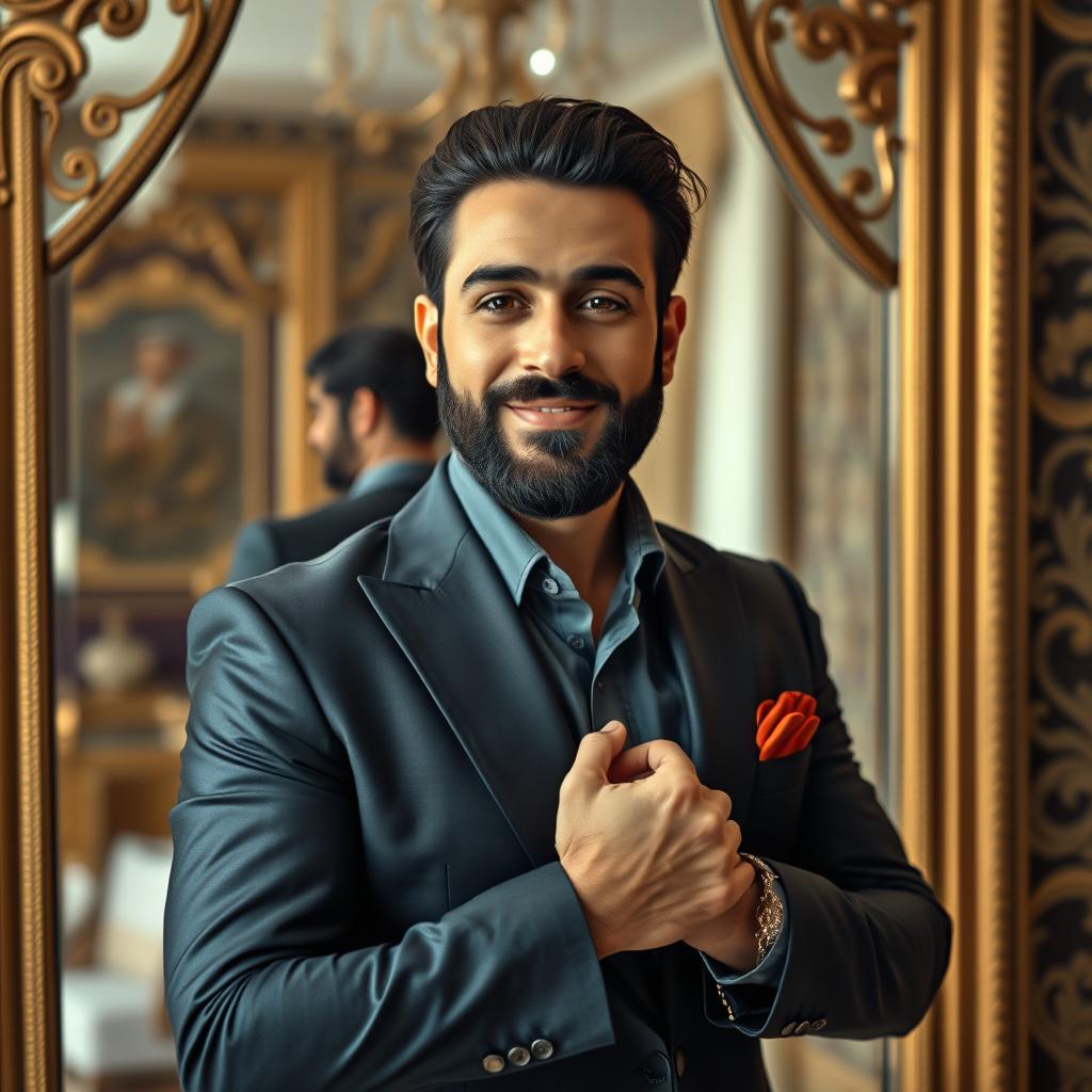 A portrait of an Arab man exuding narcissism, standing confidently in front of a large mirror, adjusting his stylish outfit