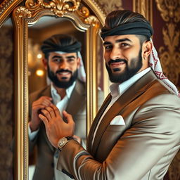 A portrait of an Arab man exuding narcissism, standing confidently in front of a large mirror, adjusting his stylish outfit