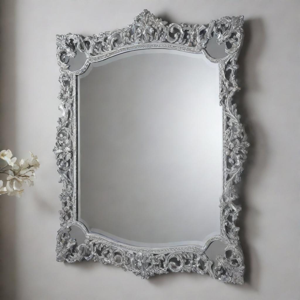 A classic wall mirror with a crystal clear reflection and a beautiful, intricate frame design.