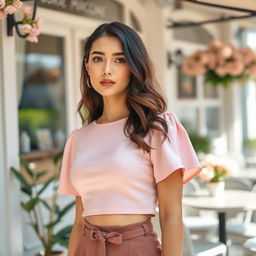 A fashionable young woman wearing a cute and elegant soft pink crop top, paired with a stylish high-waisted skirt