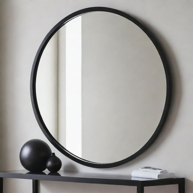 A modern, sleek mirror with minimalist design, clean lines, and a high-gloss finish, reflecting the surrounding with precision.