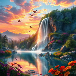 A stunning fantasy landscape featuring a majestic waterfall cascading down shimmering rocks, surrounded by lush green forests and vibrant, colorful flowers