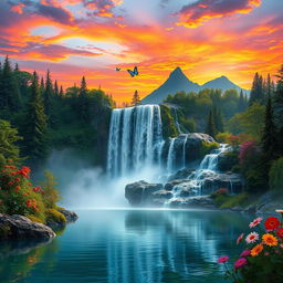 A stunning fantasy landscape featuring a majestic waterfall cascading down shimmering rocks, surrounded by lush green forests and vibrant, colorful flowers