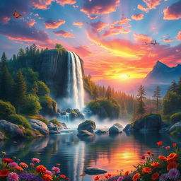 A stunning fantasy landscape featuring a majestic waterfall cascading down shimmering rocks, surrounded by lush green forests and vibrant, colorful flowers